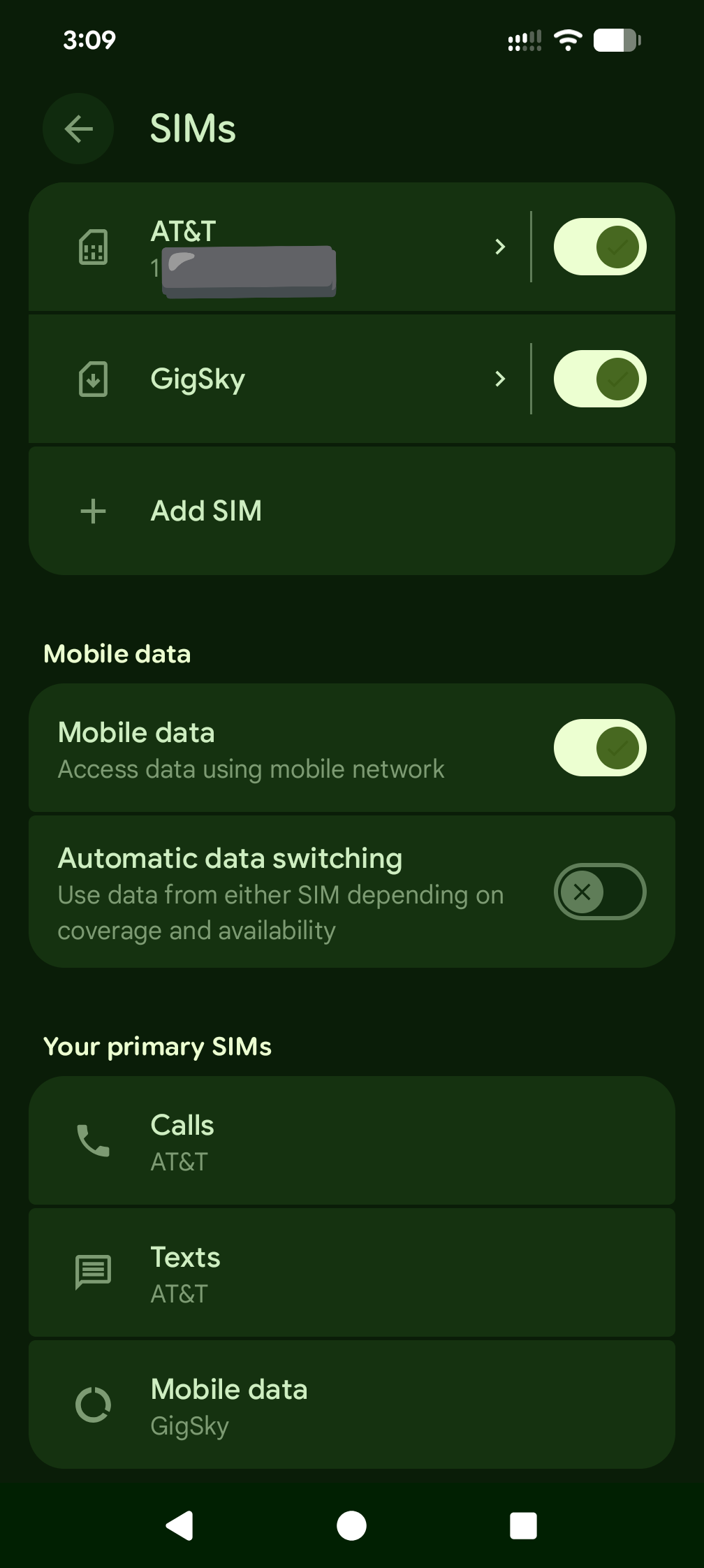 An Android SIMs settings page, with Automatic data switching turned off, and GigSky configured as the Mobile data SIM